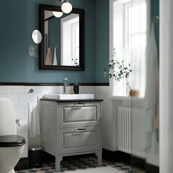 TÄNNFORSEN / ORRSJÖN Bathroom vanity w/ drawers and sink, light gray/black marble effect, 25x21 1/2x35 3/8 "