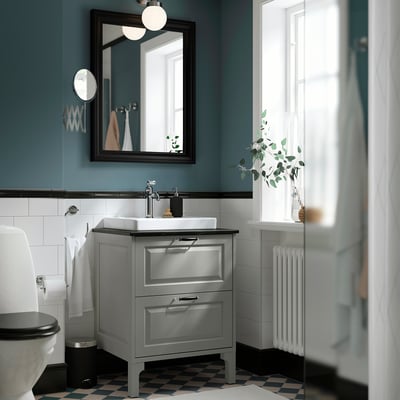 TÄNNFORSEN / ORRSJÖN Bathroom vanity w/ drawers and sink, light gray/black marble effect, 25x21 1/2x35 3/8 "
