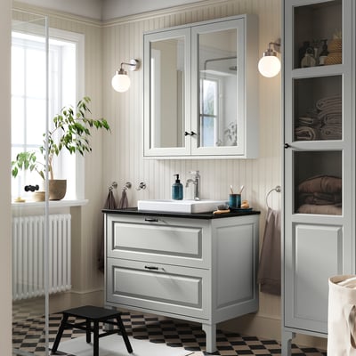 TÄNNFORSEN / ORRSJÖN Bathroom vanity w/ drawers and sink, light gray/black marble effect, 37x21 1/2x35 3/8 "