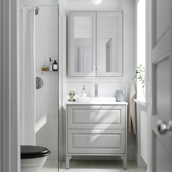 TÄNNFORSEN / ORRSJÖN Bathroom vanity w/ drawers and sink, light gray/white marble effect, 31x21 1/2x35 3/8 "