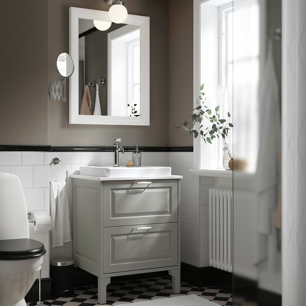 TÄNNFORSEN / ORRSJÖN Bathroom vanity w/ drawers and sink, light gray/white marble effect, 25x21 1/2x35 3/8 "