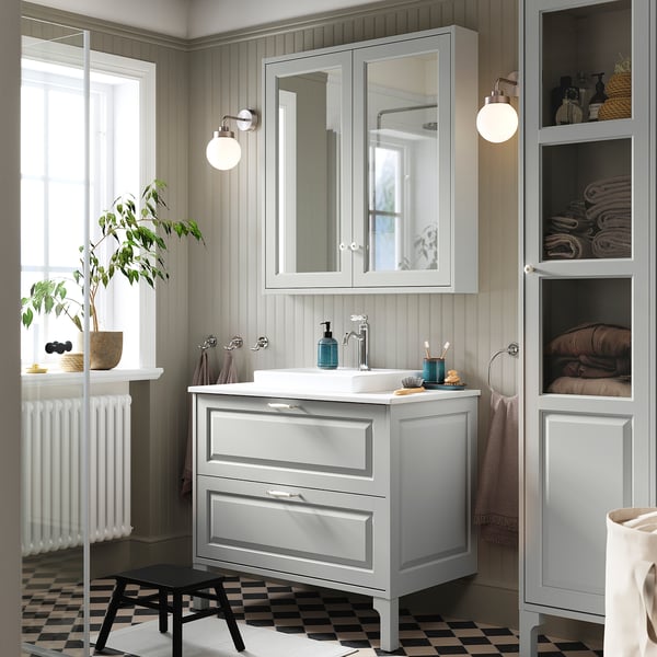 TÄNNFORSEN / ORRSJÖN Bathroom vanity w/ drawers and sink, light gray/white marble effect, 37x21 1/2x35 3/8 "