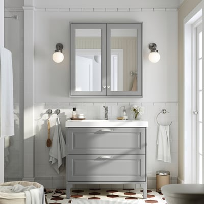 TÄNNFORSEN / ORRSJÖN Bathroom vanity w/ drawers and sink, light gray, 37x21 3/4x34 5/8 "