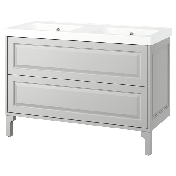 TÄNNFORSEN grey bathroom cabinet, classic style with bevelled edges, two drawers, double basin, wall-mount or leg option.