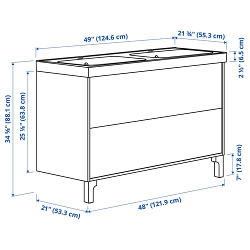 TÄNNFORSEN / ORRSJÖN Bathroom vanity w/ drawers and sink, light gray, 49x21 3/4x34 5/8 "