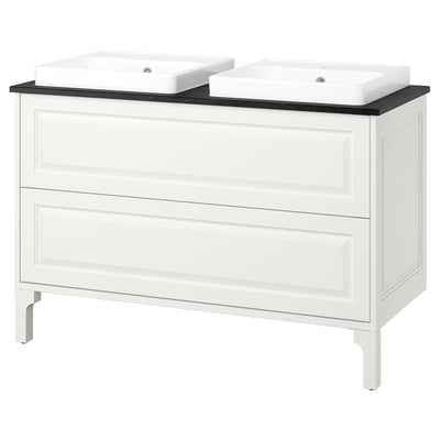 TÄNNFORSEN white double bathroom vanity. Classic design with bevelled edges. Two basins, drawers, and a black countertop.