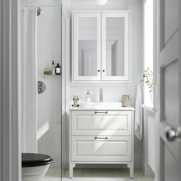 TÄNNFORSEN / ORRSJÖN Bathroom vanity w/ drawers and sink, white/white marble effect, 31x21 1/2x35 3/8 "