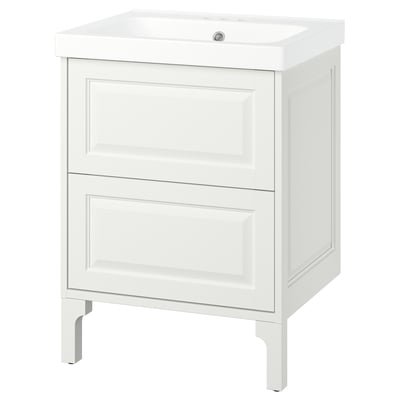 A TÄNNFORSEN white bathroom vanity with a ceramic sink and two drawers.