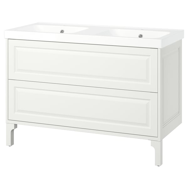 A white TÄNNFORSEN double bathroom vanity, featuring a sleek design with two drawers and a double ceramic basin.