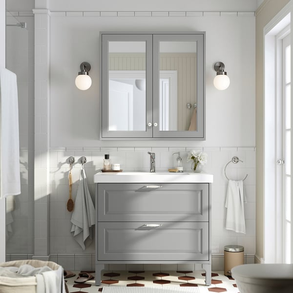 TÄNNFORSEN / ORRSJÖN Bathroom vanity with sink & faucet, light gray, 37x21 3/4x34 5/8 "