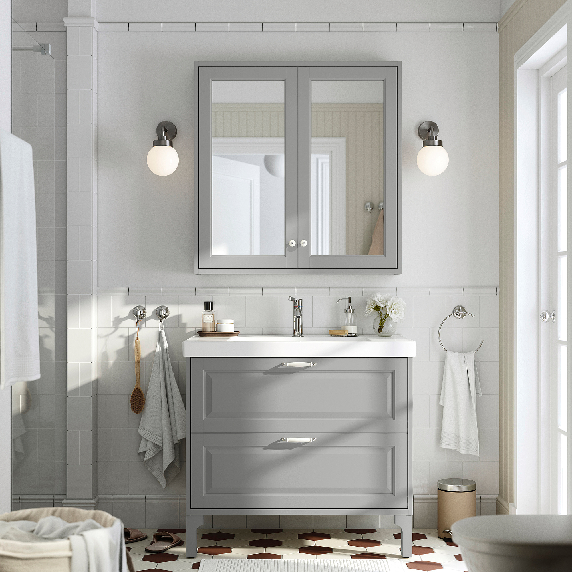 TÄNNFORSEN / ORRSJÖN Bathroom vanity with sink & faucet, light gray, 37x21 3/4x34 5/8 "