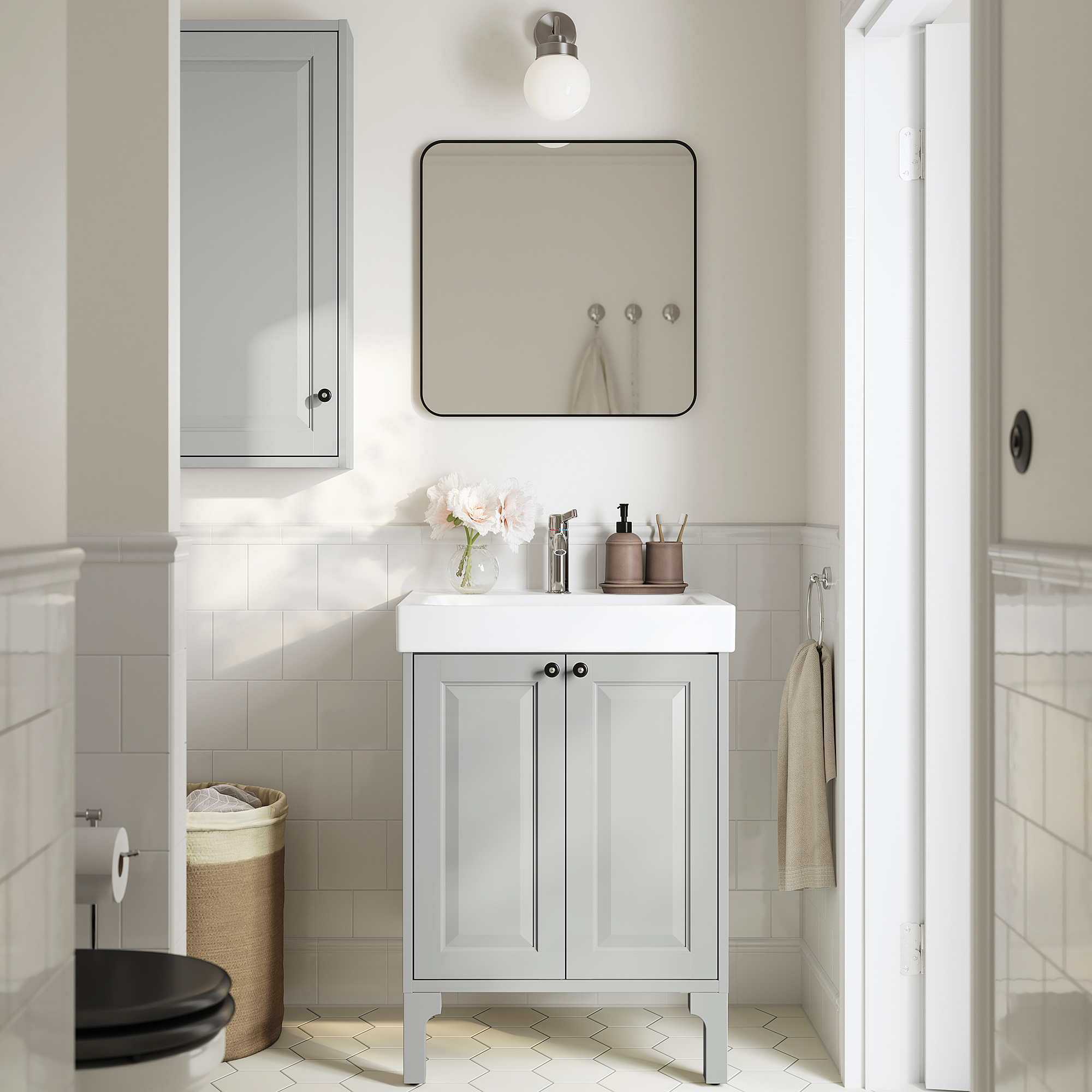 TÄNNFORSEN / ORRSJÖN Bathroom vanity with sink & faucet, light gray, 25x21 3/4x34 5/8 "