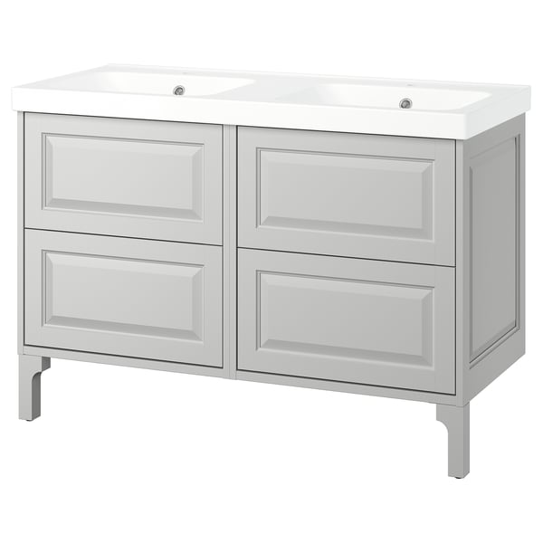 TÄNNFORSEN double sink vanity in light grey with four drawers, sleek and modern design. Adds a timeless touch to your bathroom.