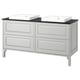 Depicts a light grey TÄNNFORSEN double bathroom vanity with two square white basins atop. It multiple drawers and a sleek, modern design.
