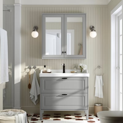 TÄNNFORSEN / RUTSJÖN Bathroom vanity w/ drawers and sink, light gray, 37 3/8x21 7/8x36 3/4 "