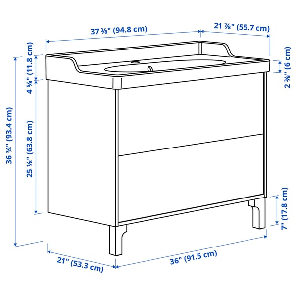 TÄNNFORSEN / RUTSJÖN Bathroom vanity w/ drawers and sink, light gray, 37 3/8x21 7/8x36 3/4 "