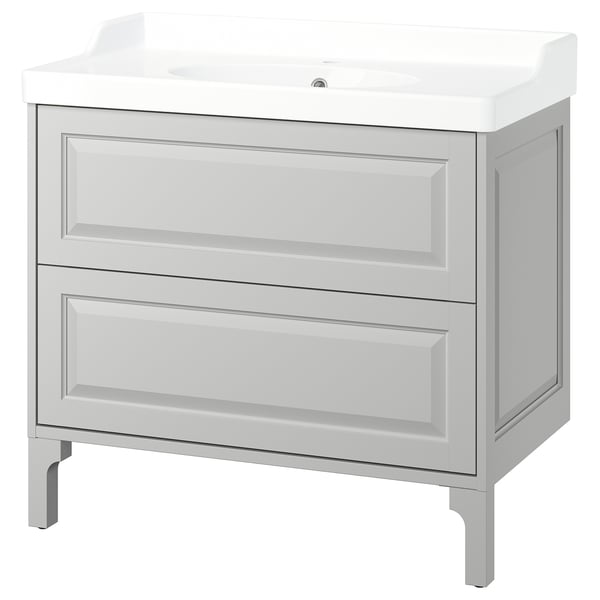IKEA TÄNNFORSEN light grey bathroom vanity with 2 drawers and white sink.
