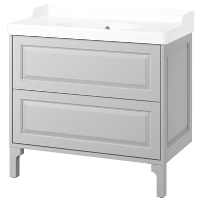 IKEA TÄNNFORSEN light grey bathroom vanity with 2 drawers and white sink.