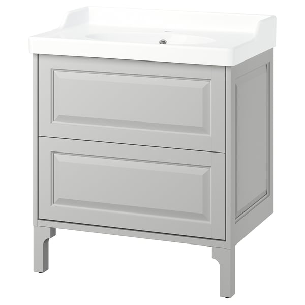 Elegant light grey bathroom cabinet. 2 large drawers, smooth counters, and classic bevelled edges.