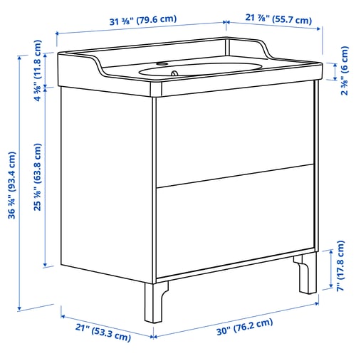 TÄNNFORSEN / RUTSJÖN Bathroom vanity w/ drawers and sink, white, 31 3/8x21 7/8x36 3/4 "