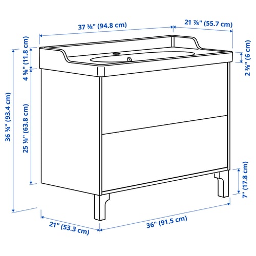 TÄNNFORSEN / RUTSJÖN Bathroom vanity w/ drawers and sink, white, 37 3/8x21 7/8x36 3/4 "