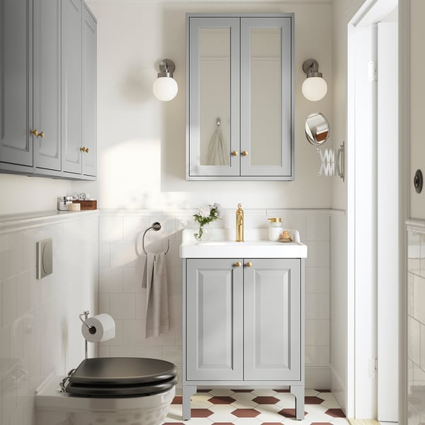 TÄNNFORSEN / RUTSJÖN Bathroom vanity with doors and sink, light gray, 25 1/4x21 7/8x36 3/4 "