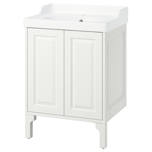 White TÄNNFORSEN bathroom cabinet; classic design with bevelled edges, two doors, ceramic sink.
