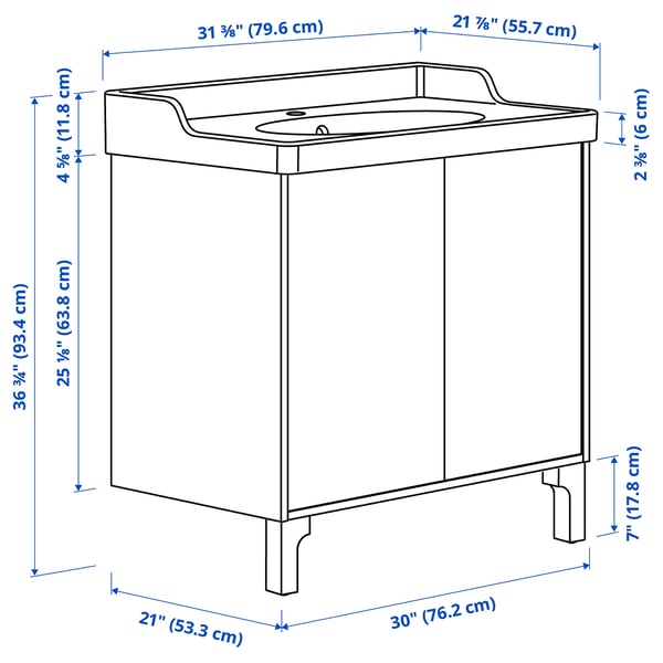 TÄNNFORSEN / RUTSJÖN Bathroom vanity with doors and sink, white, 31 3/8x21 7/8x36 3/4 "