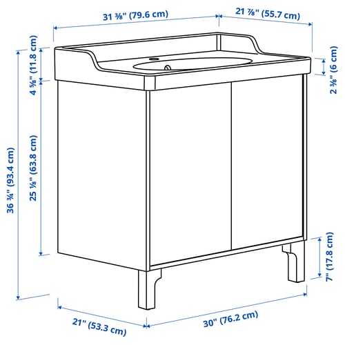 TÄNNFORSEN / RUTSJÖN Bathroom vanity with doors and sink, white, 31 3/8x21 7/8x36 3/4 "