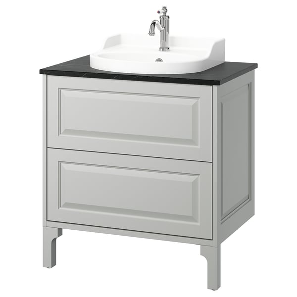 TÄNNFORSEN / RUTSJÖN Bathroom vanity with sink & faucet, light gray/black marble effect, 31x21 1/2x37 1/8 "