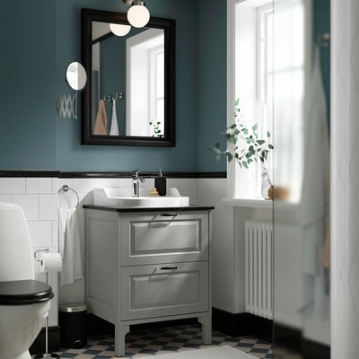 TÄNNFORSEN / RUTSJÖN Bathroom vanity with sink & faucet, light gray/black marble effect, 25x21 1/2x37 1/8 "