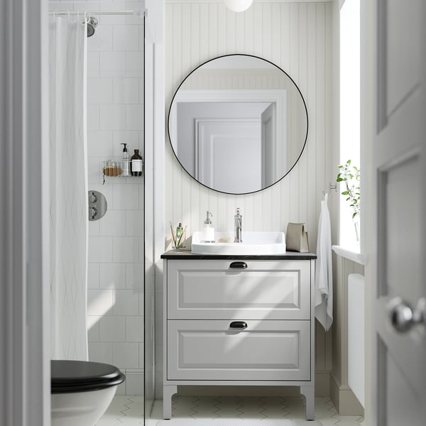 TÄNNFORSEN / RUTSJÖN Bathroom vanity with sink & faucet, light gray/black marble effect, 31x21 1/2x37 1/8 "