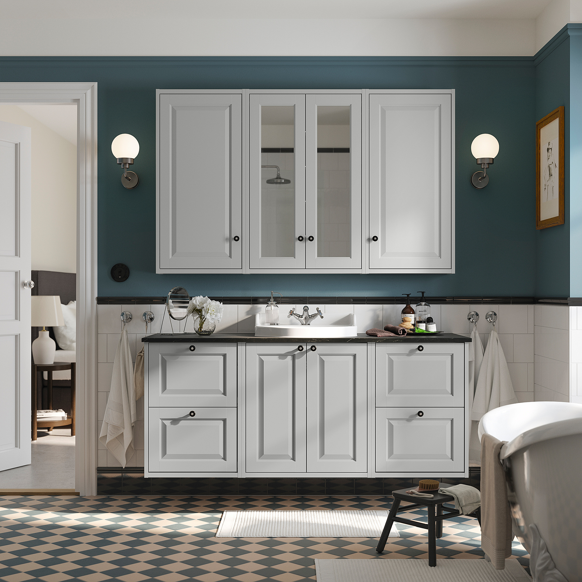 TÄNNFORSEN / RUTSJÖN Bathroom vanity with sink & faucet, light gray/black marble effect, 61x21 1/2x30 1/8 "