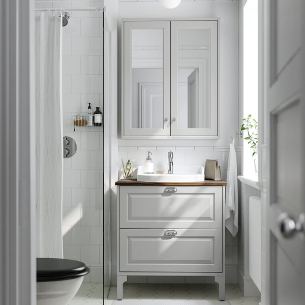 TÄNNFORSEN / RUTSJÖN Bathroom vanity with sink & faucet, light gray/brown walnut effect, 31x21 1/2x37 1/8 "