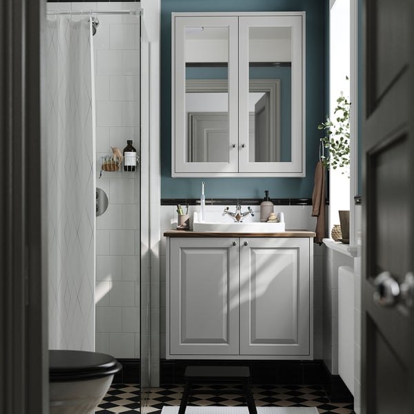 TÄNNFORSEN / RUTSJÖN Bathroom vanity with sink & faucet, light gray/brown walnut effect, 31x21 1/2x30 1/8 "