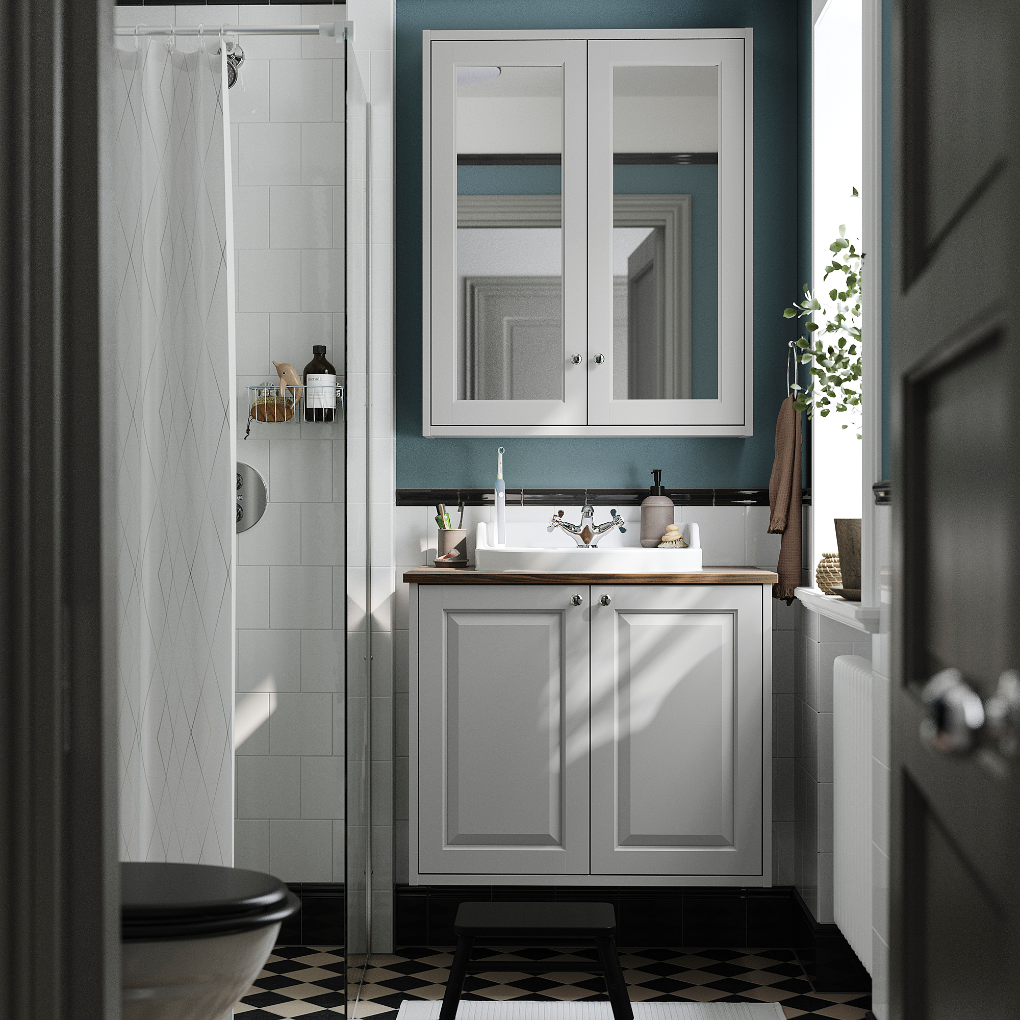 TÄNNFORSEN / RUTSJÖN Bathroom vanity with sink & faucet, light gray/brown walnut effect, 31x21 1/2x30 1/8 "