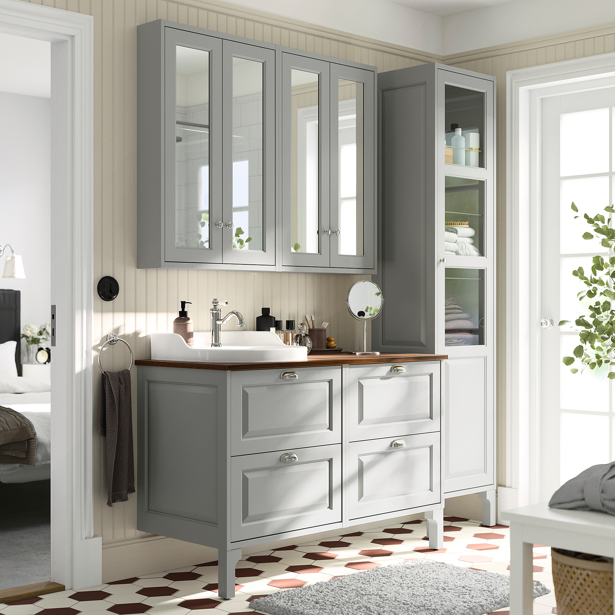 TÄNNFORSEN / RUTSJÖN Bathroom vanity with sink & faucet, light gray/brown walnut effect, 49x21 1/2x37 1/8 "