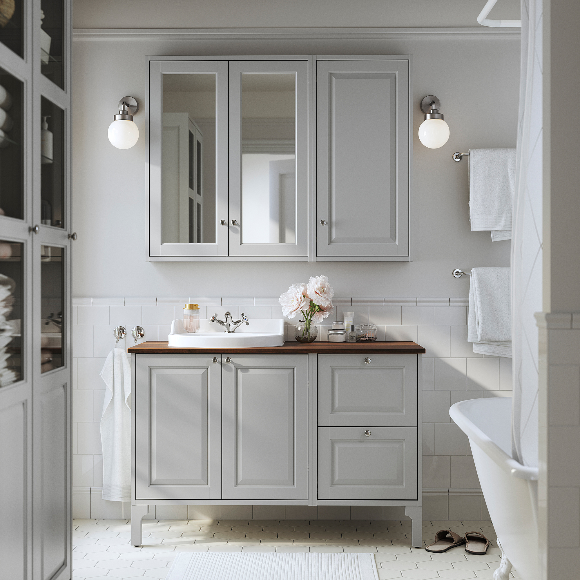 TÄNNFORSEN / RUTSJÖN Bathroom vanity with sink & faucet, light gray/brown walnut effect, 49x21 1/2x37 1/8 "