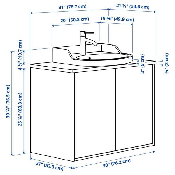 TÄNNFORSEN / RUTSJÖN Bathroom vanity with sink & faucet, light gray/brown walnut effect, 31x21 1/2x30 1/8 "