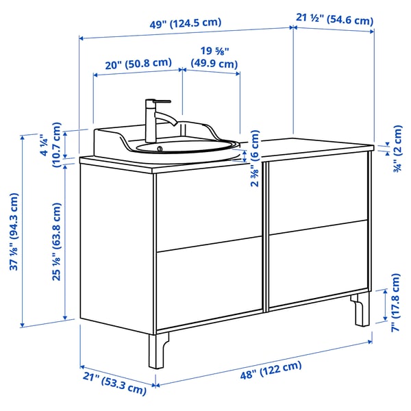 TÄNNFORSEN / RUTSJÖN Bathroom vanity with sink & faucet, light gray/brown walnut effect, 49x21 1/2x37 1/8 "