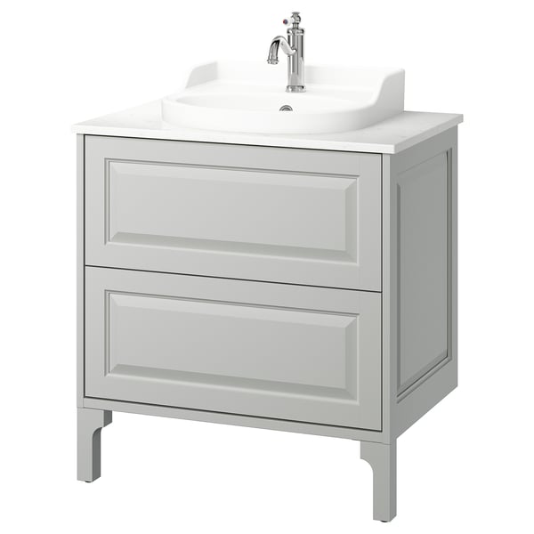 TÄNNFORSEN / RUTSJÖN Bathroom vanity with sink & faucet, light gray/white marble effect, 31x21 1/2x37 1/8 "