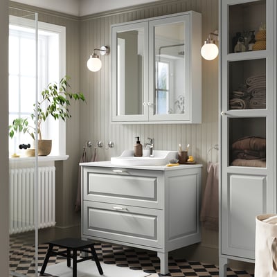 TÄNNFORSEN / RUTSJÖN Bathroom vanity with sink & faucet, light gray/white marble effect, 37x21 1/2x30 1/8 "