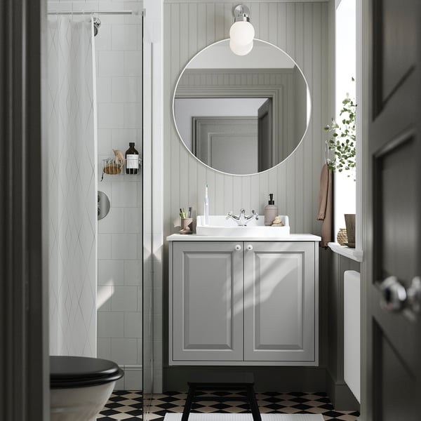 TÄNNFORSEN / RUTSJÖN Bathroom vanity with sink & faucet, light gray/white marble effect, 31x21 1/2x30 1/8 "