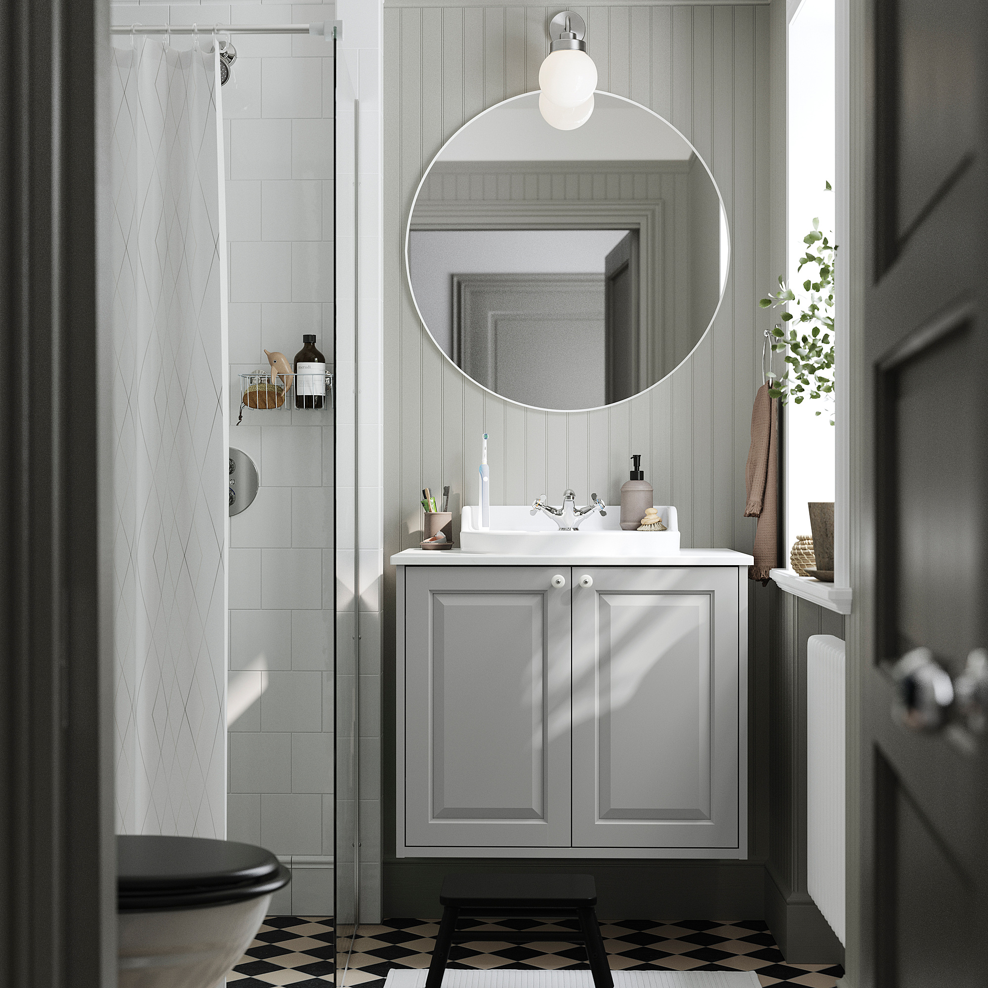 TÄNNFORSEN / RUTSJÖN Bathroom vanity with sink & faucet, light gray/white marble effect, 31x21 1/2x30 1/8 "