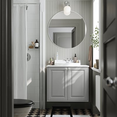 TÄNNFORSEN / RUTSJÖN Bathroom vanity with sink & faucet, light gray/white marble effect, 31x21 1/2x30 1/8 "