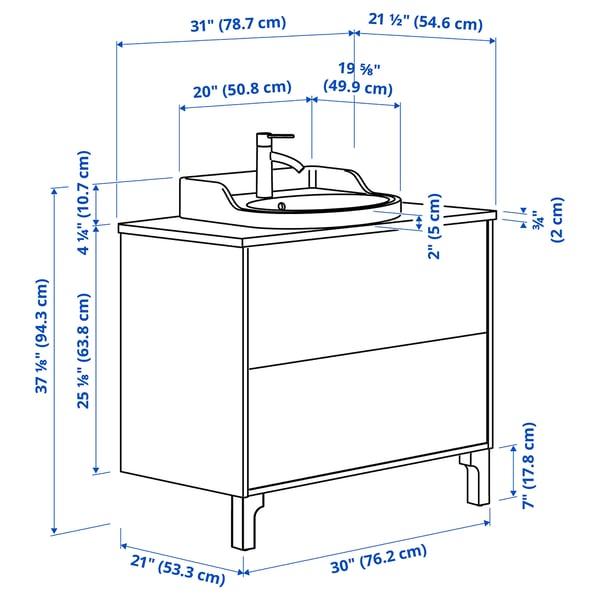 TÄNNFORSEN / RUTSJÖN Bathroom vanity with sink & faucet, light gray/white marble effect, 31x21 1/2x37 1/8 "