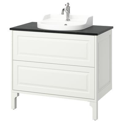 TÄNNFORSEN / RUTSJÖN Bathroom vanity with sink & faucet, white/black marble effect, 37x21 1/2x30 1/8 "