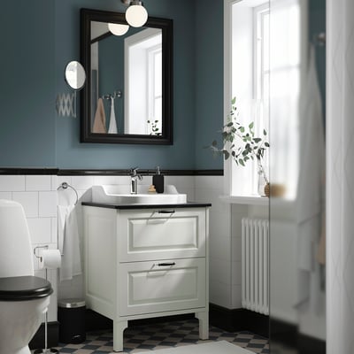 TÄNNFORSEN / RUTSJÖN Bathroom vanity with sink & faucet, white/black marble effect, 25x21 1/2x37 1/8 "