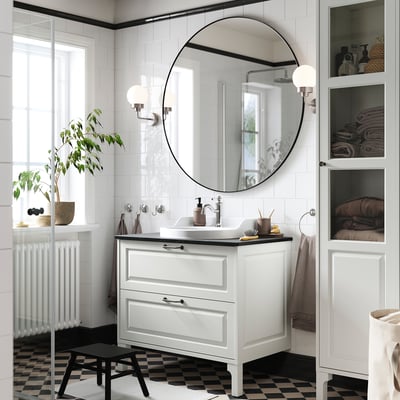 TÄNNFORSEN / RUTSJÖN Bathroom vanity with sink & faucet, white/black marble effect, 37x21 1/2x30 1/8 "