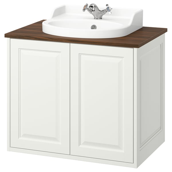 TÄNNFORSEN / RUTSJÖN Bathroom vanity with sink & faucet, white/brown walnut effect, 31x21 1/2x30 1/8 "